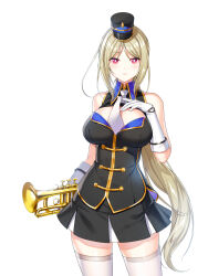Rule 34 | 1girl, alternate hair color, band uniform, bare shoulders, black hat, black jacket, black skirt, blonde hair, breasts, bright pupils, buttons, cleavage cutout, closers, clothing cutout, collared jacket, cowboy shot, double-breasted, fold-over gloves, gloves, hand on own chest, hand up, hat, highres, holding, holding instrument, holding trumpet, impossible clothes, impossible jacket, instrument, jacket, large breasts, legs apart, long hair, looking at viewer, marching band, mini shako cap, miniskirt, mirae (closers), necktie, official art, parted bangs, parted lips, pleated skirt, ponytail, red eyes, shako cap, sidelocks, skirt, sleeveless, sleeveless jacket, solo, standing, thighhighs, trumpet, uniform, very long hair, white background, white gloves, white necktie, white pupils, white thighhighs, wing collar, zettai ryouiki