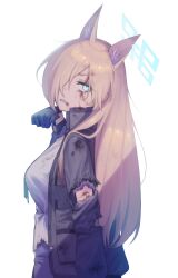 Rule 34 | 1girl, animal ear fluff, animal ears, black gloves, black jacket, blonde hair, blood, blood on clothes, blood on face, blue archive, blue eyes, breasts, cuts, dog ears, extra ears, gloves, glowing, glowing eye, hair over one eye, halo, highres, injury, jacket, kanna (blue archive), long hair, looking at viewer, medium breasts, necktie, sharp teeth, solo, teeth, torn clothes, tosankaku