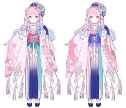 Rule 34 | 1girl, absurdres, artist name, blue hair, braid, chinese clothes, closed mouth, commission, dress, earrings, gloves, hair between eyes, hand up, hanfu, highres, jewelry, jikuno, long sleeves, multicolored hair, neck ribbon, original, pink dress, pink eyes, pink hair, purple headwear, red ribbon, ribbon, simple background, solo, white background, white footwear