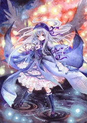 Rule 34 | 00s, boots, cross, doll joints, dress, frills, hairband, joints, knee boots, long hair, red eyes, ribbon, ripples, rozen maiden, silver hair, solo, suigintou, thighhighs, totsuki, water, wings, zettai ryouiki