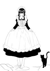 Rule 34 | 1girl, ^ ^, absurdres, animal, apron, bad id, bad pixiv id, barefoot, blush, cat, closed eyes, collared dress, commentary request, dress, facing viewer, frilled apron, frills, full body, greyscale, highres, juliet sleeves, long hair, long sleeves, low twintails, maid, maid apron, maid headdress, monochrome, neck ribbon, original, parted lips, puffy sleeves, ribbon, shii (kairi-t-k0317), smile, solo, standing, twintails, white background