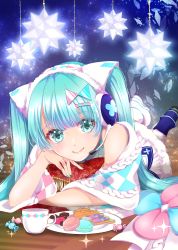 Rule 34 | 1girl, aqua eyes, asymmetrical footwear, asymmetrical legwear, blue footwear, blue hair, blue nails, closed mouth, cookie, cup, food, fur-trimmed skirt, fur trim, hatsune miku, headphones, headset, heart-shaped food, highres, long hair, looking at viewer, lying, magical mirai miku, magical mirai miku (2020 winter), microphone, mismatched footwear, nail polish, on stomach, shimako, skirt, smile, solo, teacup, twintails, uneven footwear, uneven legwear, very long hair, vocaloid, white footwear, white skirt