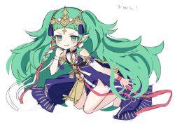 Rule 34 | 1girl, bare shoulders, blue dress, blush, braid, commentary request, dress, fire emblem, fire emblem: three houses, full body, green eyes, green hair, headpiece, heart, kokone (coconeeeco), long hair, looking at viewer, nintendo, parted lips, pointy ears, side braid, simple background, sketch, sleeveless, sleeveless dress, smirk, solo, sothis (fire emblem), twin braids, v-shaped eyebrows, very long hair, white background