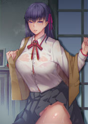 Rule 34 | 1girl, absurdres, bottomless, bra, bra peek, breasts, button gap, cowboy shot, ctrlz77, fate/stay night, fate (series), hair ribbon, heavy breathing, highres, homurahara academy school uniform, large breasts, long hair, looking at viewer, matou sakura, neck ribbon, no panties, parted lips, pleated skirt, purple eyes, purple hair, red ribbon, ribbon, school uniform, see-through, shirt tucked in, skirt, smile, solo, underwear, undressing, wet, wet clothes