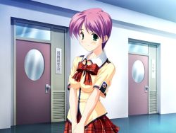 Rule 34 | 1girl, bow, breasts, game cg, green eyes, hallway, own hands clasped, impossible clothes, impossible shirt, non-web source, own hands together, pink hair, plaid, plaid bow, plaid skirt, school uniform, shirt, short hair, skirt, solo, tachi-e, unmoving pattern