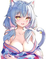Rule 34 | 1girl, :d, ahoge, animal ear fluff, animal ears, arms under breasts, bell, blue hair, breasts, cat ears, cat tail, cleavage, collarbone, crossed arms, earrings, highres, hololive, jewelry, jingle bell, kemonomimi mode, kurachairasuto, large breasts, off shoulder, open mouth, pointy ears, simple background, single earring, smile, solo, tail, virtual youtuber, white background, yellow eyes, yukihana lamy, yukihana lamy (new year)