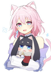 Rule 34 | 1girl, absurdres, alternate costume, animal ear fluff, animal ears, bare shoulders, blue eyes, blush, cat ears, cat tail, character name, commentary request, creature, cropped torso, dot nose, earrings, hair between eyes, hair intakes, highres, holding, holding creature, honkai: star rail, honkai (series), jewelry, kemonomimi mode, looking at viewer, march 7th (honkai: star rail), medium hair, open mouth, pink eyes, pink fur, pink hair, pom-pom (honkai: star rail), simple background, single earring, sketch, smile, tail, two-tone eyes, upper body, uwasewau, white background