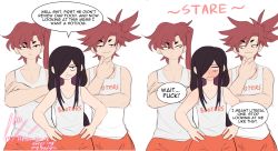 Rule 34 | 3boys, black hair, blush, closed mouth, comic, commentary, employee uniform, english commentary, femboy hooters (meme), glasses, highres, holding, hooters, long hair, looking at viewer, male focus, meme, multiple boys, naughty face, open mouth, orange shorts, original, ponytail, red hair, roland (ms pigtails), short hair, shorts, side ponytail, simple background, sky guy art, smile, speech bubble, sweat, nervous sweating, trap, uniform, white background
