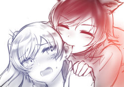 Rule 34 | 2girls, animal ears, biting, blush, dog ears, ear biting, eargasm, earrings, female focus, gradient background, hair between eyes, jewelry, monochrome, multiple girls, multiple monochrome, ndgd, portrait, ruby rose, rwby, scar, scar on face, side ponytail, simple background, tears, uncommon stimulation, weiss schnee, white background, yuri