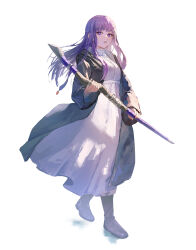 Rule 34 | 1girl, absurdres, black robe, blunt bangs, boots, commentary request, dress, fern (sousou no frieren), full body, highres, holding, holding staff, long hair, long sleeves, looking at viewer, open clothes, open robe, parted lips, purple eyes, purple hair, robe, simple background, solo, sousou no frieren, staff, standing, walking, white background, white dress, yos (72112764)
