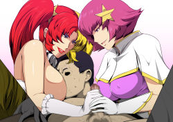 Rule 34 | 1boy, 2girls, bare shoulders, blue eyes, breast sucking, breasts, breasts out, censored, chara soon, clothed female nude male, cooperative handjob, cosplay, covered erect nipples, gloves, greco roman (spiral brain), gundam, gundam zz, haman karn, handjob, hetero, highres, large breasts, lipstick, long hair, looking down, lying, makeup, male pubic hair, mosaic censoring, multicolored hair, multiple girls, nude, nursing handjob, oral, parted lips, penis, pink hair, pubic hair, short hair, simple background, smile, sweat, teamwork, white gloves
