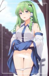 Rule 34 | 1girl, bare shoulders, blue eyes, blue skirt, blue sky, blush, breasts, censored, clothes lift, cloud, commentary request, cowboy shot, day, detached sleeves, frog hair ornament, green hair, groin, hair ornament, hair tubes, kochiya sanae, lifted by self, long hair, long sleeves, medium breasts, miyo (ranthath), open mouth, outdoors, panties, panty pull, shirt, sidelocks, skirt, skirt lift, sky, snake hair ornament, solo, standing, sweat, thighs, touhou, tree, underwear, viewfinder, white panties, white shirt, wide sleeves