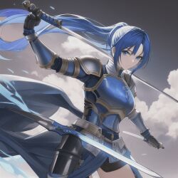 Rule 34 | 1girl, armor, blue cape, blue eyes, blue hair, cape, closed mouth, long hair, looking at viewer, mercedes vaintz, official art, overgeared, serious, sky, sword, very long hair, weapon