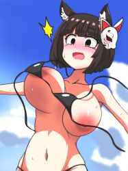 Rule 34 | 1girl, :o, alternate costume, animal ears, areola slip, armpits, azur lane, bare shoulders, bikini, bikini top only, black bikini, black hair, blue sky, blunt bangs, blurry, blush, breast slip, breasts, cat ears, cat mask, cleavage, cloud, cloudy sky, collarbone, commentary request, depth of field, fang, highres, large areolae, large breasts, looking down, mask, mask on head, micro bikini, midriff, navel, nipple slip, nipples, outstretched arms, red eyes, short hair, sidelocks, sky, solo, spaghetti strap, spread arms, surprised, sweat, swimsuit, takezuchi, unaligned breasts, wardrobe malfunction, yamashiro (azur lane)