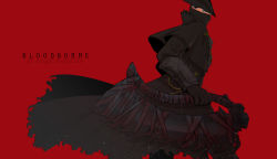 Rule 34 | 1boy, blood, bloodborne, bloody weapon, cagefreepotato, capelet, cloak, coat, english text, gloves, hat, highres, holding, holding weapon, hunter (bloodborne), male focus, mask, mouth mask, red background, saw, saw cleaver, simple background, solo, tricorne, weapon