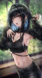 Rule 34 | 1girl, absurdres, ahoge, arm up, armpits, arms up, black hair, black nails, black shorts, blue hair, blunt bangs, blurry, blurry background, breasts, brown eyes, cleavage, colored inner hair, crop top, cross, cross earrings, ear piercing, earrings, fingernails, goth fashion, hair ornament, hairclip, highres, holding, holding own hair, irene (kanniiepan), jewelry, kanniiepan, long sleeves, looking at viewer, medium breasts, medium hair, midriff, mole, mole on breast, mole under eye, multicolored hair, nail polish, navel, open mouth, original, piercing, ring, short hair, shorts, shrug (clothing), sleeves past wrists, solo, sports bra, standing, stomach, two-tone hair