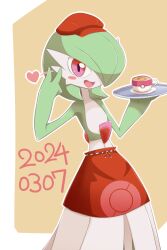 Rule 34 | 1girl, apron, blush, blush stickers, bob cut, border, brown background, cabbie hat, clothed pokemon, coffee, colored skin, creatures (company), cup, dated, drink, female focus, flat chest, game freak, gardevoir, gardevoir day, gen 3 pokemon, green hair, green skin, hair over one eye, hands up, happy, hat, heart, highres, holding, holding drink, holding tray, latte art, mini hat, multicolored skin, neichii, nintendo, one eye covered, open mouth, outline, outside border, poke ball symbol, pokemon, pokemon (creature), pokemon cafe remix, red apron, red hat, saucer, short hair, simple background, smile, solo, standing, teacup, tray, two-tone skin, v, waist apron, white border, white outline, white skin