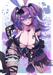 Rule 34 | animal ears, black choker, black footwear, black ribbon, black tiara, blue eyes, blue hair, blush, bodice, breasts, choker, clothing cutout, cottontail (vtuber), cross-laced clothes, cross-laced sleeves, detached sleeves, fishnet pantyhose, fishnets, hair between eyes, heart, heart cutout, heart necklace, heterochromia, highres, indie virtual youtuber, jewelry, kangaruu (momotk1109), kneeling, large breasts, long hair, looking at viewer, multicolored hair, necklace, paint splatter, pantyhose, purple eyes, purple hair, quilted clothes, rabbit ears, ribbon, sheath, sheathed, skirt, smile, tiara, tongue, tongue out, torn clothes, torn skirt, two side up, virtual youtuber