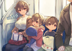 Rule 34 | 2boys, 2girls, artist name, bag, black hair, black skirt, breasts, brother and sister, brown jacket, commission, family, father and daughter, father and son, feet out of frame, hair flaps, hood, hooded jacket, husband and wife, if they mated, jacket, jingei (kancolle), kantai collection, large breasts, long hair, mother and daughter, mother and son, multiple boys, multiple girls, pink jacket, red eyes, shirt, shopping bag, siblings, sitting, skeb commission, skirt, stuffed whale, train interior, white shirt, wss (nicoseiga19993411)
