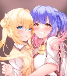 Rule 34 | 2girls, absurdres, blue eyes, blue hair, blunt bangs, blush, bow, bowtie, breasts, breasts squeezed together, brown background, chestnut mouth, collar, eyelashes, gradient hair, grin, hair between eyes, hair bun, hair intakes, half-closed eyes, heads together, highres, hug, kohibari kurumi, koyo aki (vtvd5277), large breasts, looking at viewer, multicolored hair, multiple girls, necktie, open mouth, pink hair, shirayuki noa, shirt, sidelocks, simple background, sleeves rolled up, small breasts, smile, straight hair, suspenders, sweater vest, teeth, tenshi souzou re-boot!, twintails, wavy hair, white collar, white shirt, wing hair ornament, yellow bow, yellow bowtie, yellow eyes, yellow necktie, yellow sweater vest, yuzu-soft