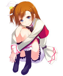 Rule 34 | 10s, 1girl, back bow, black bow, blue eyes, bow, bowtie, earrings, feather hair ornament, feathers, feather hair ornament, highres, jewelry, kosaka honoka, hugging own legs, looking at viewer, love live!, love live! school idol project, nanotsuki, one side up, shorts, simple background, sitting, solo, white background, white feathers, white shorts