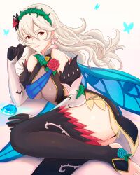 Rule 34 | 1girl, absurdres, ass, bare shoulders, black thighhighs, breasts, bug, butterfly, commentary, corrin (female) (fire emblem), corrin (fire emblem), dragonstone, dress, elbow gloves, english commentary, fire emblem, fire emblem fates, fire emblem heroes, flower, gloves, grey hair, hair flower, hair ornament, hairband, highres, insect, large breasts, looking at viewer, lying, nintendo, official alternate costume, on side, panties, pantyshot, pointy ears, red eyes, rose, see-through, short dress, smile, solo, thighhighs, thorns, toeless legwear, truejekart, underwear, white background