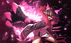 Rule 34 | 1girl, akazukin (mary skelter), brown hair, claws, coat, fang, fire, fur trim, hair ornament, looking at viewer, mary skelter, mizunashi (second run), open mouth, red eyes, short hair, solo