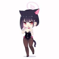 Rule 34 | 1girl, :o, alternate costume, animal ears, bare shoulders, black hair, black leotard, black pantyhose, blue archive, blunt bangs, bow choker, cat ears, cat girl, cat tail, chibi, choker, collarbone, colored inner hair, commentary request, hair ornament, hairclip, halo, kazusa (blue archive), leotard, looking at viewer, multicolored hair, nontraditional playboy bunny, pantyhose, parsleyshrimp, paw pose, red eyes, ribbon choker, short hair, sidelocks, simple background, sleeveless, solo, strapless, strapless leotard, tail, two-tone hair, white background, wrist cuffs