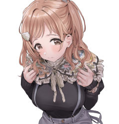 Rule 34 | 1girl, bad id, bad pixiv id, black sweater, blush, breasts, capelet, frilled capelet, frills, hamedoragon, idolmaster, idolmaster shiny colors, large breasts, light brown hair, looking at viewer, sakuragi mano, simple background, skirt, solo, suspender skirt, suspenders, sweater, watch, white background, wristwatch