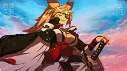 Rule 34 | 1girl, absurdres, baiken, blonde hair, breasts, cleavage, eyepatch, guilty gear, guilty gear xrd, highres, ippo, large breasts, light smile, looking at viewer, red eyes, sheath, sheathed, solo, sword, twilight, weapon