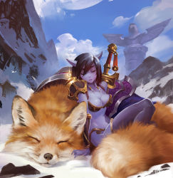 Rule 34 | 1girl, animal, armor, artist name, bikini armor, black hair, black thighhighs, blue skin, breasts, cleavage, closed eyes, cloud, colored skin, commentary, day, draenei, fox, full body, hair over one eye, highres, horns, medium breasts, original, outdoors, oversized animal, parted lips, rui zhang, saddle, sitting, sky, snow, sword, thighhighs, warcraft, weapon, world of warcraft