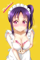 Rule 34 | 1girl, absurdres, apron, apron pull, blush, body writing, breasts, ckst, cleavage, clothes pull, collar tug, collarbone, heavy breathing, highres, kazuno sarah, looking at viewer, love live!, love live! sunshine!!, maid apron, maid headdress, medium breasts, milestone celebration, naked apron, nose blush, purple eyes, purple hair, side ponytail, sidelocks, simple background, smile, solo, sweat, thank you, upper body, white apron
