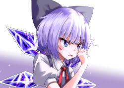 Rule 34 | 1girl, absurdres, blue bow, blue dress, blue eyes, blue hair, blush, bow, cirno, collared shirt, commentary request, crying, crying with eyes open, dress, fairy, gradient background, hair bow, highres, ice, ice wings, kabi killer, open mouth, puffy short sleeves, puffy sleeves, revision, shirt, short hair, short sleeves, solo, tears, touhou, upper body, white shirt, wings