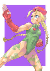 1girl abs antenna_hair beret blonde_hair blue_eyes bodypaint border braid breasts cammy_white covered_navel facial_scar fighting_stance fingerless_gloves gauntlets gloves green_leotard hat highleg highleg_leotard legs_apart leotard nishinozawa_kaorisuke outside_border red_hat scar scar_on_cheek scar_on_face small_breasts solo street_fighter thighs toned twin_braids v-shaped_eyebrows white_border