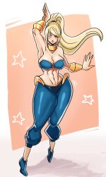 Rule 34 | 1girl, abs, arabian clothes, bare shoulders, belly dancing, blonde hair, blue footwear, blue panties, blue pants, breasts, cleavage, cosplay, crossover, dancer, dancing, ezzydraws, full body, gauntlets, gold choker, harem pants, highres, large breasts, long hair, metroid, metroid (classic), motion lines, muscular, muscular female, navel, nintendo, o-ring, o-ring top, one eye closed, panties, pants, pointy footwear, ponytail, samus aran, shantae, shantae (cosplay), shantae (series), simple background, solo, standing, star (symbol), super smash bros., thick thighs, thighs, underwear, wide hips
