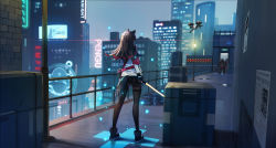 Rule 34 | 1girl, animal ears, arknights, belt, black footwear, black gloves, black hair, black pantyhose, black shorts, box, building, chainsaw, city, commentary request, door, drone, energy sword, fingerless gloves, from behind, gloves, highres, holding, holding sword, holding weapon, holster, lamppost, long hair, long sleeves, mek, multicolored hair, newspaper, night, outdoors, pantyhose, railing, red hair, short shorts, shorts, solo focus, standing, streaked hair, sword, tail, texas (arknights), thigh holster, weapon