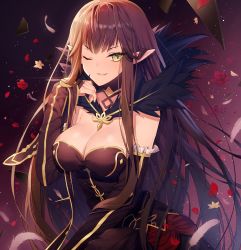 Rule 34 | 1girl, black hair, breasts, cleavage, detached sleeves, fate/apocrypha, fate (series), feathers, flower, highres, kuro futoshi, large breasts, long hair, one eye closed, petals, pointy ears, semiramis (fate), smile, solo, yellow eyes