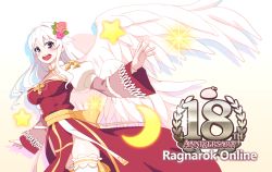 Rule 34 | 1girl, angel wings, anniversary, arch bishop (ragnarok online), blush, bow, commentary, cowboy shot, crescent, dress, feathered wings, feathers, ike masato, juliet sleeves, long hair, long sleeves, looking at viewer, open mouth, poring, puffy sleeves, ragnarok online, red dress, red eyes, sash, simple background, solo, standing, star (symbol), teeth, thighhighs, white background, white dress, white hair, white thighhighs, wings, yellow bow, yellow sash