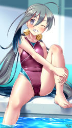 Rule 34 | 1girl, ahoge, artist name, blue hair, breasts, collarbone, competition swimsuit, covered navel, dated, grey eyes, grey hair, hair between eyes, hair bun, highleg, highleg swimsuit, highres, indoors, kantai collection, kiyoshimo (kancolle), long hair, low twintails, multicolored hair, one-piece swimsuit, pool, poolside, purple one-piece swimsuit, rei no pool, single hair bun, small breasts, solo, sunlight, swimsuit, tsuchimiya, twintails, very long hair, water, wet, wet clothes, wet swimsuit