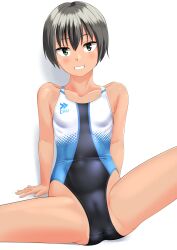 Rule 34 | 1girl, absurdres, black hair, black one-piece swimsuit, breasts, cameltoe, collarbone, commentary request, competition swimsuit, green eyes, grin, highres, logo, looking at viewer, multicolored clothes, multicolored swimsuit, one-piece swimsuit, original, short hair, simple background, small breasts, smile, solo, spread legs, standing, swimsuit, takafumi, tan, tomboy, variant set, white background