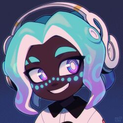 Rule 34 | 1boy, absurdres, androgynous, artist name, black background, black shirt, blue background, blue eyes, blue hair, bright pupils, buttons, collared shirt, commission, dark skin, eyebrow cut, fangs, forehead, glowing markings, gradient background, gradient hair, grin, happy, highres, inkumochi, looking to the side, medium hair, multicolored hair, nintendo, octoling boy, octoling player character, parted hair, patterned background, portrait, purple eyes, purple hair, ringed eyes, shirt, smile, splatoon (series), sticker on face, thick eyebrows, two-tone background, two-tone eyes, two-tone shirt, very dark skin, wavy hair, white headphones, white pupils, white shirt
