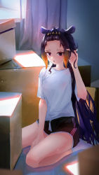 Rule 34 | 1girl, :o, absurdres, alternate costume, bangs pinned back, black shorts, box, cardboard box, dolphin shorts, gradient hair, greedice, hand in own hair, hand up, highres, hololive, hololive english, indoors, kneeling, light, long hair, looking at viewer, mole, mole under eye, multicolored hair, ninomae ina&#039;nis, open mouth, orange hair, pointy ears, purple eyes, purple hair, shirt, shorts, sidelocks, solo, sweat, t-shirt, tentacle hair, very long hair, virtual youtuber, white shirt, window