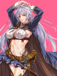 Rule 34 | 10s, 1girl, arms up, bag, belt, belt pouch, between breasts, blue skirt, braid, breasts, buckle, cape, cleavage, covered erect nipples, cowboy shot, eyelashes, granblue fantasy, hayama kazusa, highres, large breasts, long hair, long sleeves, looking at viewer, midriff, miniskirt, navel, parted lips, pink background, pink lips, pleated skirt, pouch, ringed eyes, silva (granblue fantasy), silver hair, simple background, skirt, solo, stomach, sword, toned, underbust, very long hair, weapon, yellow eyes