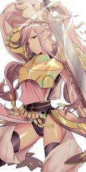Rule 34 | 1girl, absurdres, armor, black thighhighs, braid, breastplate, closed mouth, fingerless gloves, fire emblem, fire emblem awakening, fire emblem heroes, gloves, highres, holding, holding sword, holding weapon, long hair, nintendo, olivia (fire emblem), pink eyes, pink hair, ponytail, simple background, solo, sou mei, sword, thighhighs, twin braids, weapon, white background
