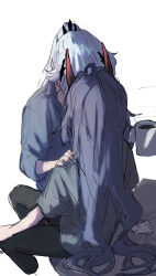 Rule 34 | 2girls, absurdres, black pants, blue shirt, chinese commentary, coffee mug, commentary request, cup, grey shirt, hand on another&#039;s shoulder, highres, holding, honkai (series), honkai impact 3rd, horns, kiana kaslana, long hair, long sleeves, mixed-language commentary, moonsun77773, mug, multiple girls, pants, ponytail, purple hair, raiden mei, shirt, short sleeves, simple background, sitting, white background, white hair, yuri
