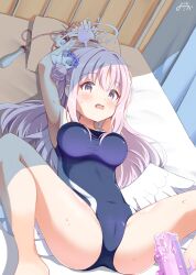 Rule 34 | bdsm, blue archive, bondage, bound, feet out of frame, hair bun, halo, highres, inakami, long hair, lying, mika (blue archive), on back, pink hair, pink halo, sex toy, sidelocks, spread legs, swimsuit