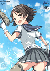 Rule 34 | 10s, 1girl, :d, ass, black hair, black skirt, blue sky, dated, day, gun, headband, holding, holding gun, holding weapon, kantai collection, light rays, looking at viewer, looking back, open mouth, pleated skirt, sakiyamama, school uniform, short hair, skirt, sky, smile, solo, splashing, standing, sunlight, tanikaze (kancolle), thigh strap, thighs, water, weapon