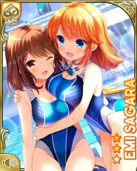 Rule 34 | 2girls, :d, ;d, alternate hairstyle, barefoot, blue eyes, blue one-piece swimsuit, breasts, brown eyes, brown hair, card (medium), cleavage, competition swimsuit, day, girlfriend (kari), hair ornament, hug, indoor pool, indoors, large breasts, looking at viewer, medium breasts, multiple girls, official art, one-piece swimsuit, one eye closed, open mouth, orange hair, poolside, qp:flapper, sagara emi, shiina kokomi, smile, standing, swimsuit, tagme, twintails, wet, wet clothes, wet swimsuit