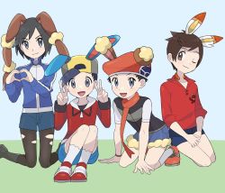 Rule 34 | 4boys, azumarill, backwards hat, black hair, blue jacket, blue shorts, boots, buneary, calem (pokemon), closed mouth, commentary request, creatures (company), double v, ethan (pokemon), game freak, gen 2 pokemon, gen 4 pokemon, gen 8 pokemon, grey eyes, hands up, hat, heart, heart hands, highres, jacket, leggings, long sleeves, lopunny, lucas (pokemon), male focus, multiple boys, nintendo, pokemon, pokemon dppt, pokemon ears, pokemon hgss, pokemon swsh, pokemon xy, red footwear, red jacket, red shirt, sana (37pisana), scorbunny, shirt, shoes, short hair, shorts, sitting, smile, torn clothes, torn legwear, v, victor (pokemon)