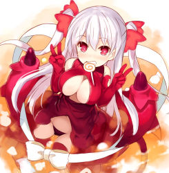 Rule 34 | 1girl, bare shoulders, blush, bow, breasts, candy, cleavage, cleavage cutout, clothing cutout, commentary request, demon girl, demon tail, demon wings, double v, dress, elbow gloves, food, food in mouth, gloves, grin, hair between eyes, hair ribbon, kurasuke, large breasts, lollipop, long hair, looking at viewer, mouth hold, navel, original, panties, red dress, red gloves, red panties, red ribbon, red thighhighs, red wings, ribbon, silver hair, sleeveless, sleeveless dress, smile, solo, star (symbol), star in eye, swirl lollipop, symbol in eye, tail, thighhighs, two side up, underwear, v, very long hair, white bow, white ribbon, wings